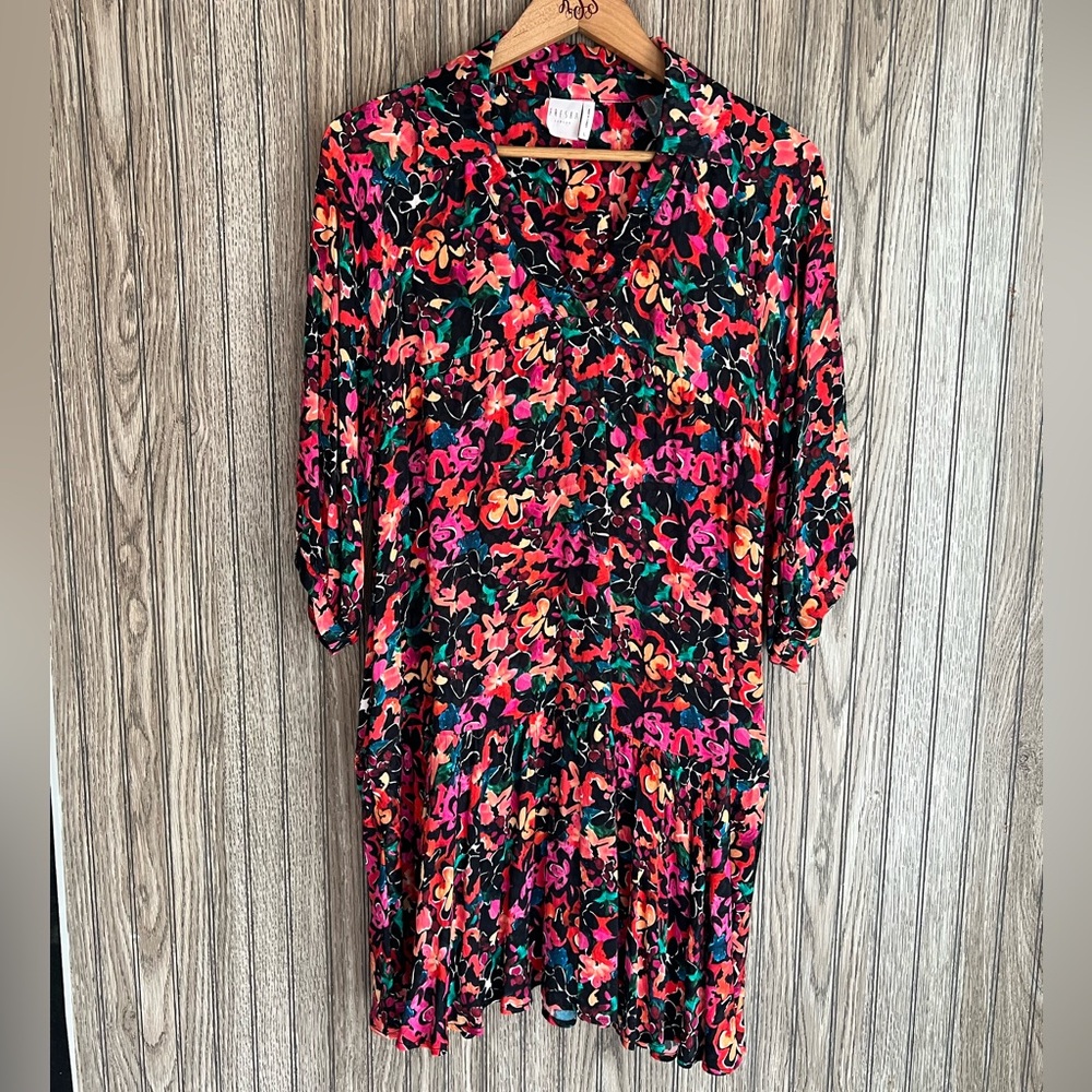 Fresha London Black Multi-colored Floral Print Long Sleeve Ruffle Hem Midi Dress